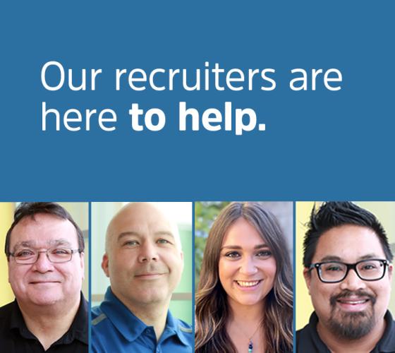 Our recruiters are here to help text over blue background with photos of four recruiters below.